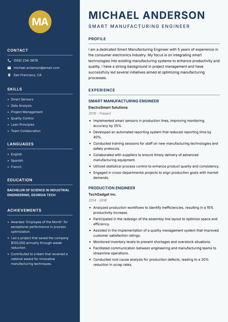 Smart Manufacturing Engineer resume sample — Smart Manufacturing Engineer focus