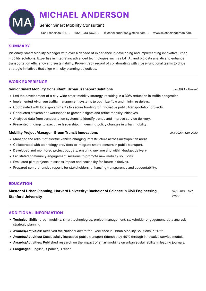 Smart Mobility Manager resume example