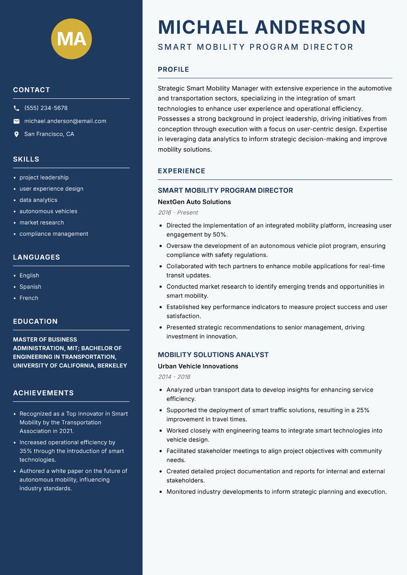 Smart Mobility Manager resume sample — Smart Mobility Program Director focus