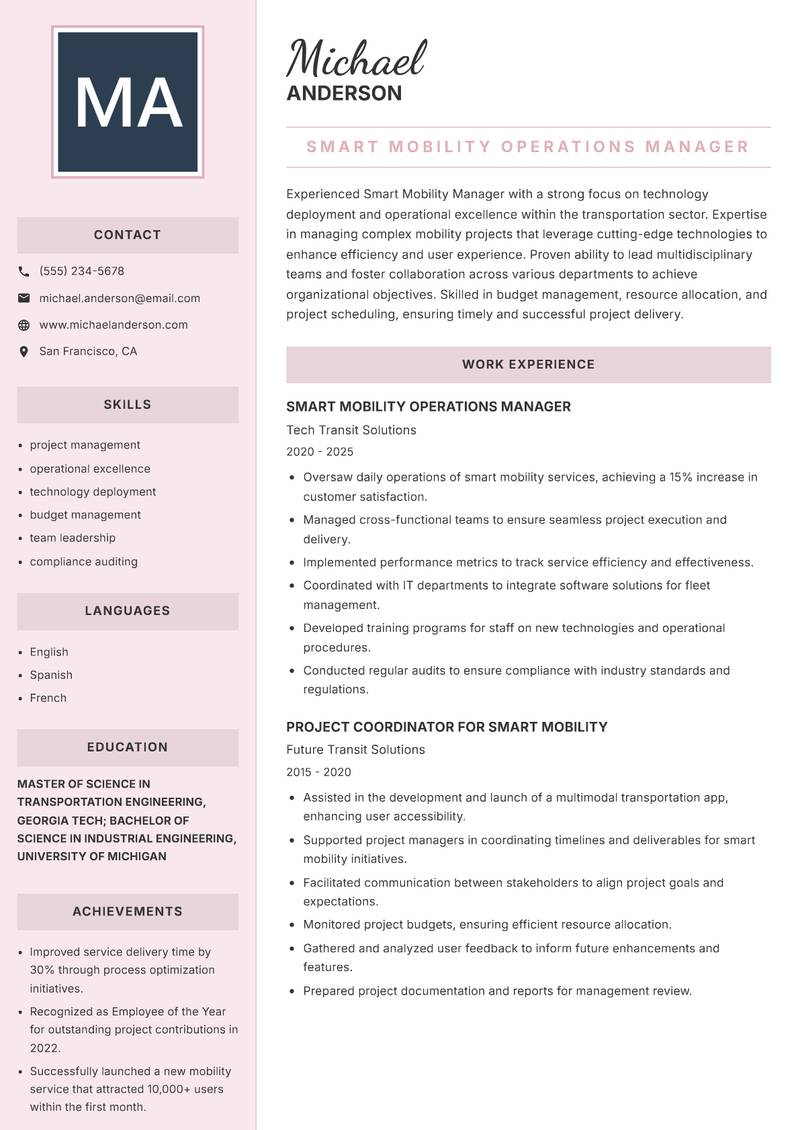 Smart Mobility Manager resume sample — Smart Mobility Operations Manager focus