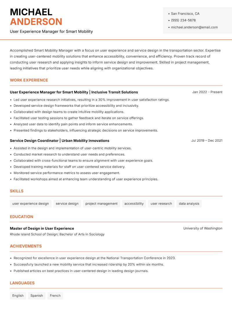 Smart Mobility Manager resume sample — User Experience Manager for Smart Mobility focus