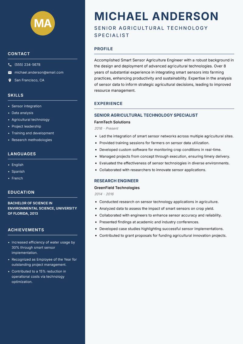 Smart Sensor Agriculture Engineer resume sample — Senior Agricultural Technology Specialist focus