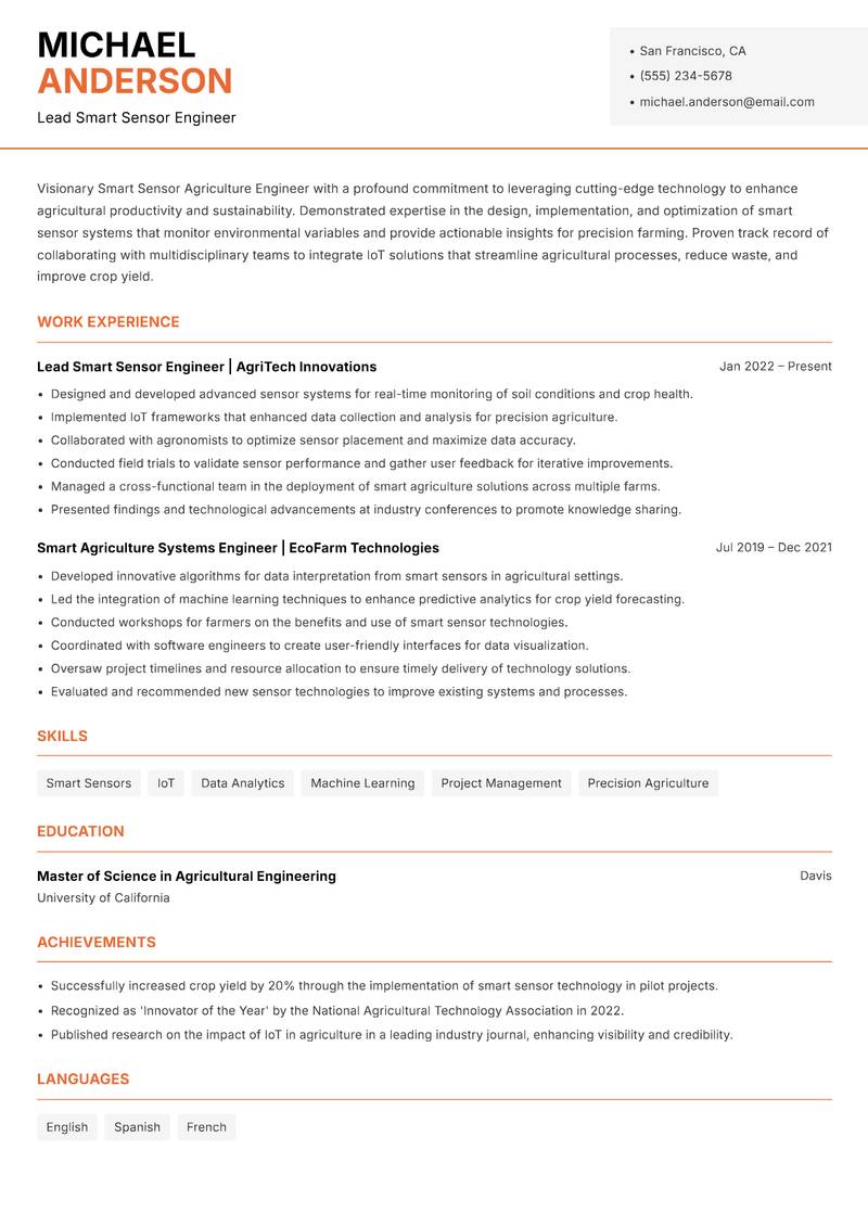 Smart Sensor Agriculture Engineer resume sample — Lead Smart Sensor Engineer focus