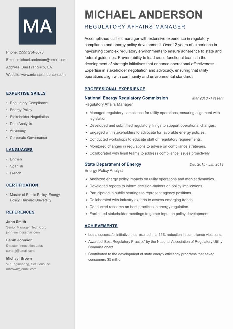 Smart Utilities Manager resume sample — Regulatory Affairs Manager focus