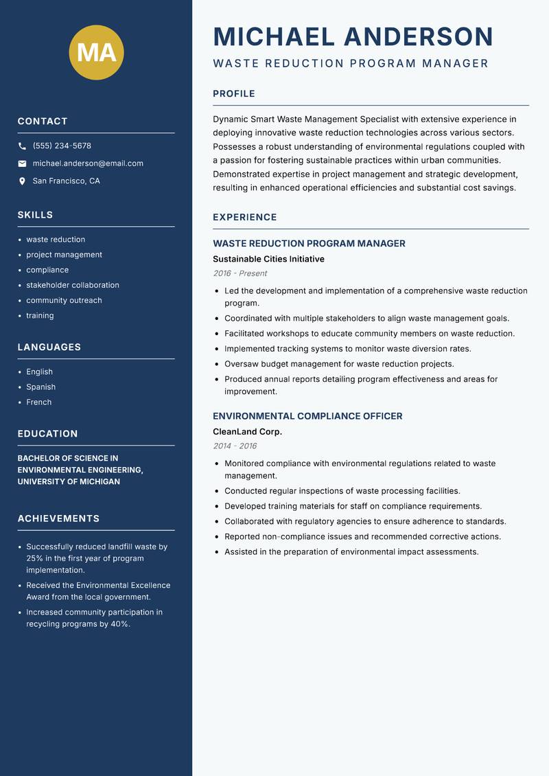 Smart Waste Management Specialist resume sample — Waste Reduction Program Manager focus
