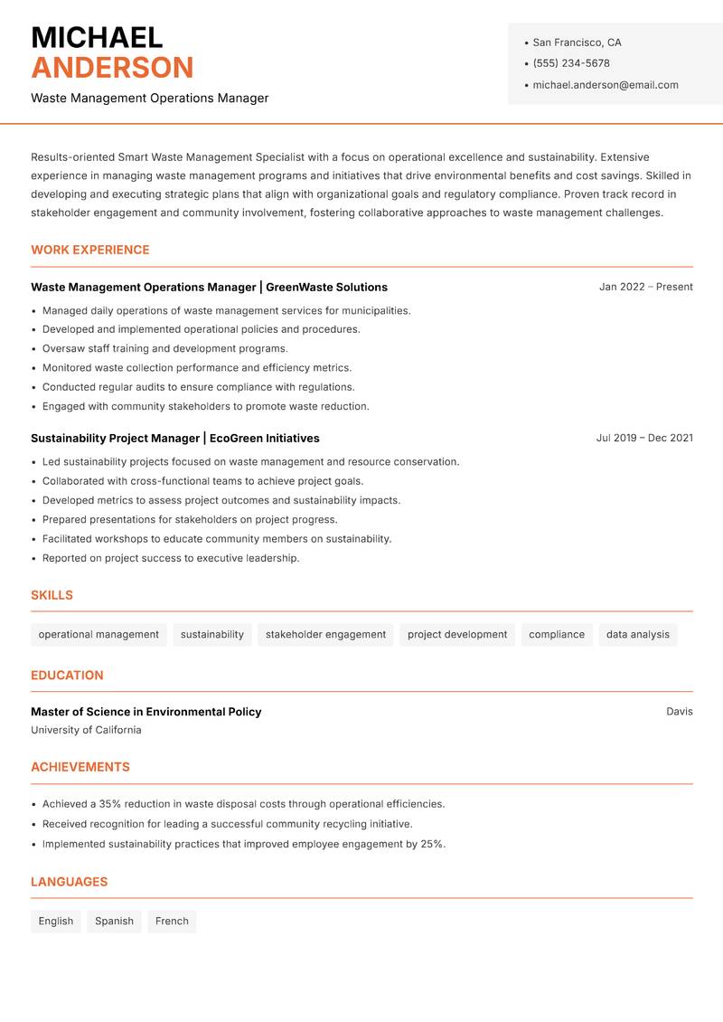 Smart Waste Management Specialist resume sample — Waste Management Operations Manager focus
