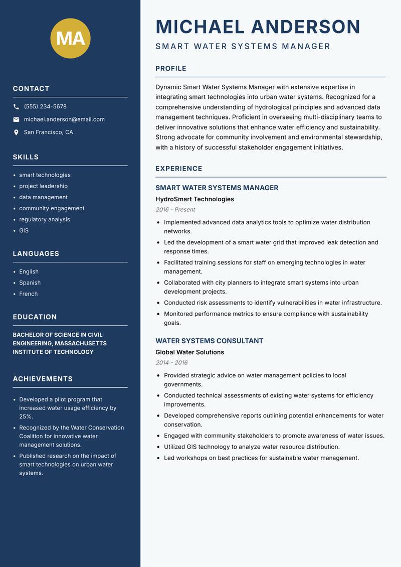 Smart Water Systems Manager resume sample — Smart Water Systems Manager focus