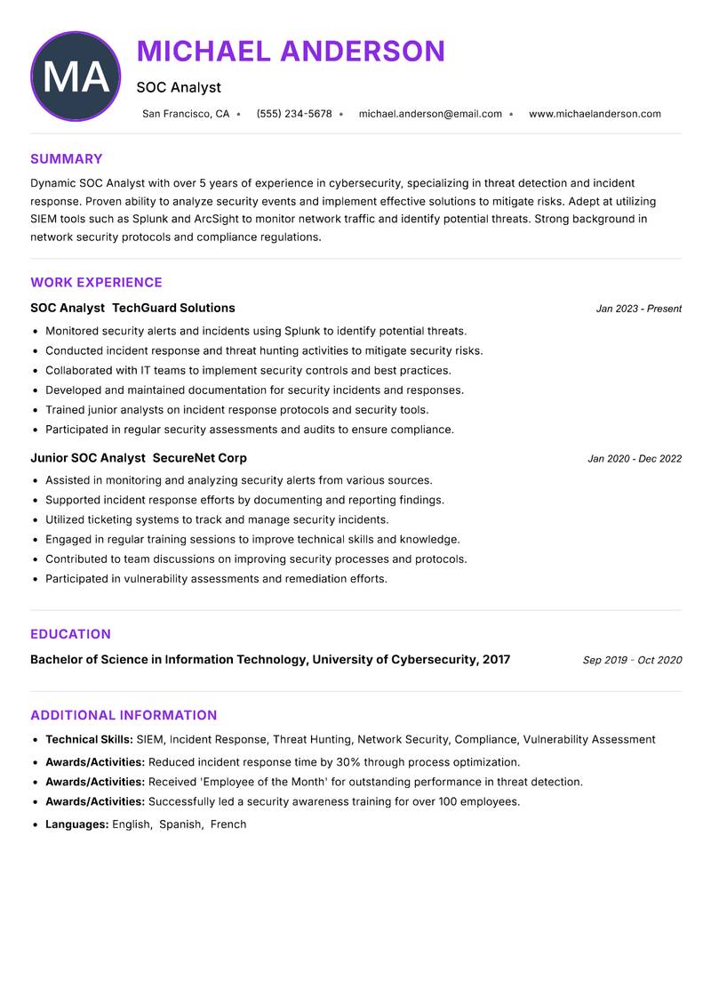 SOC Analyst resume example