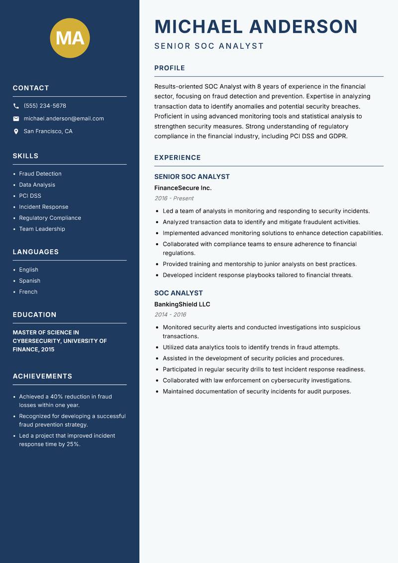 SOC Analyst resume sample — Senior SOC Analyst focus