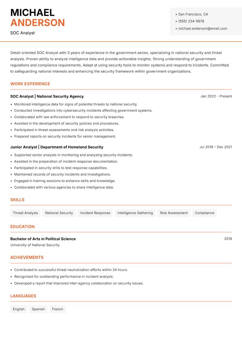SOC Analyst resume sample — SOC Analyst focus
