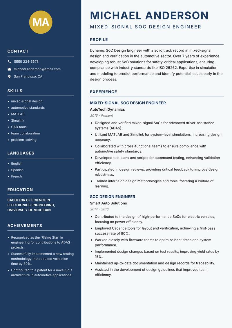 SoC Design Engineer resume sample — Mixed-Signal SoC Design Engineer focus