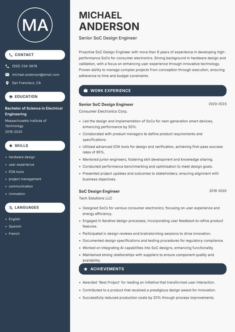 SoC Design Engineer resume sample — Senior SoC Design Engineer focus