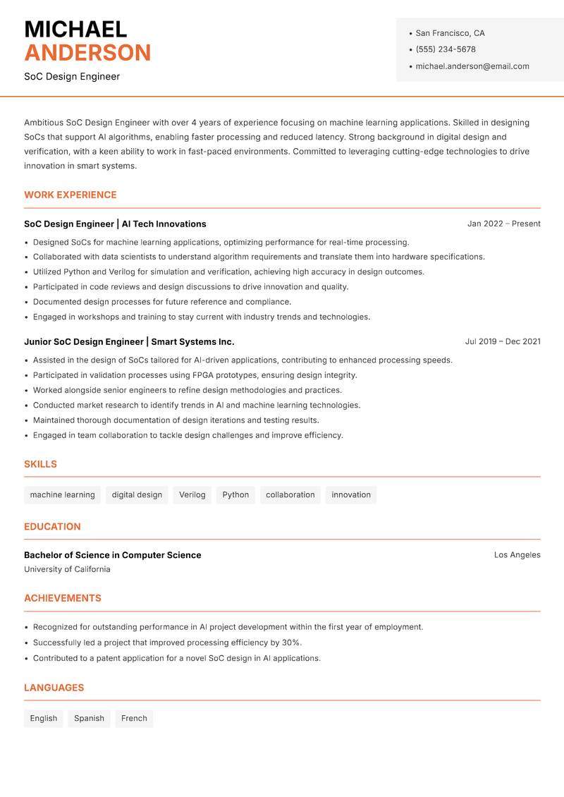 SoC Design Engineer resume sample — SoC Design Engineer focus