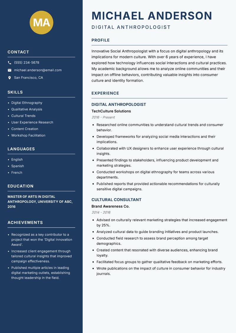 Social Anthropologist resume sample — Digital Anthropologist focus