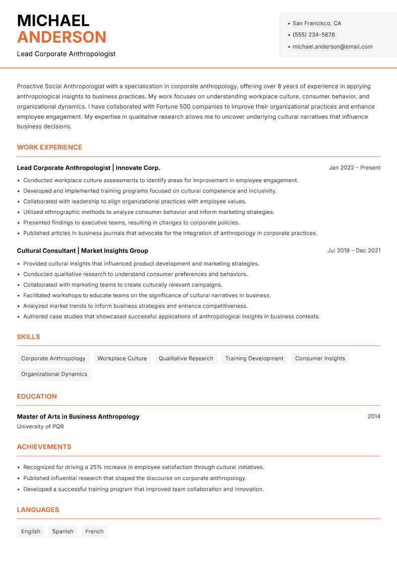 Social Anthropologist resume sample — Lead Corporate Anthropologist focus