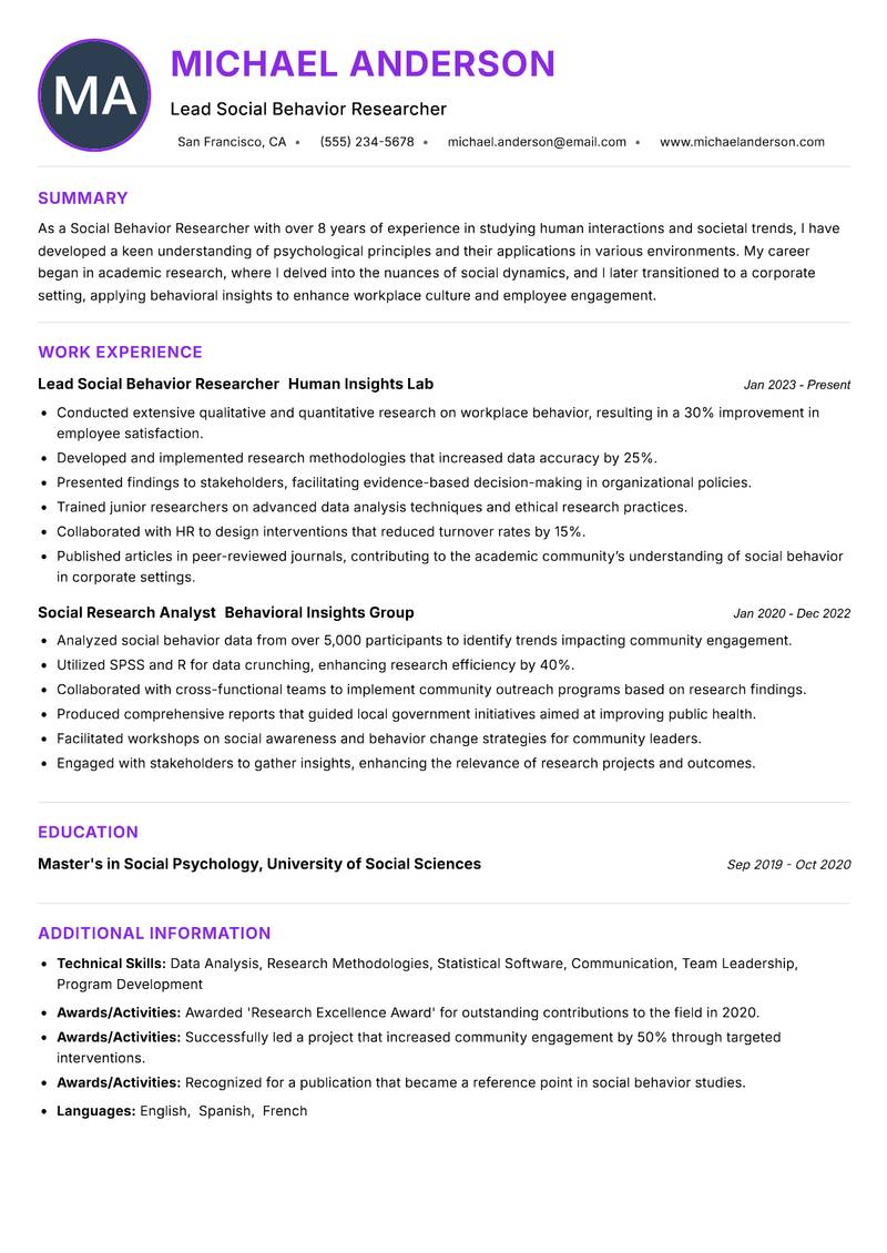Social Behavior Researcher resume example