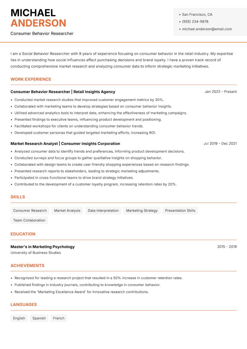 Social Behavior Researcher resume sample — Consumer Behavior Researcher focus