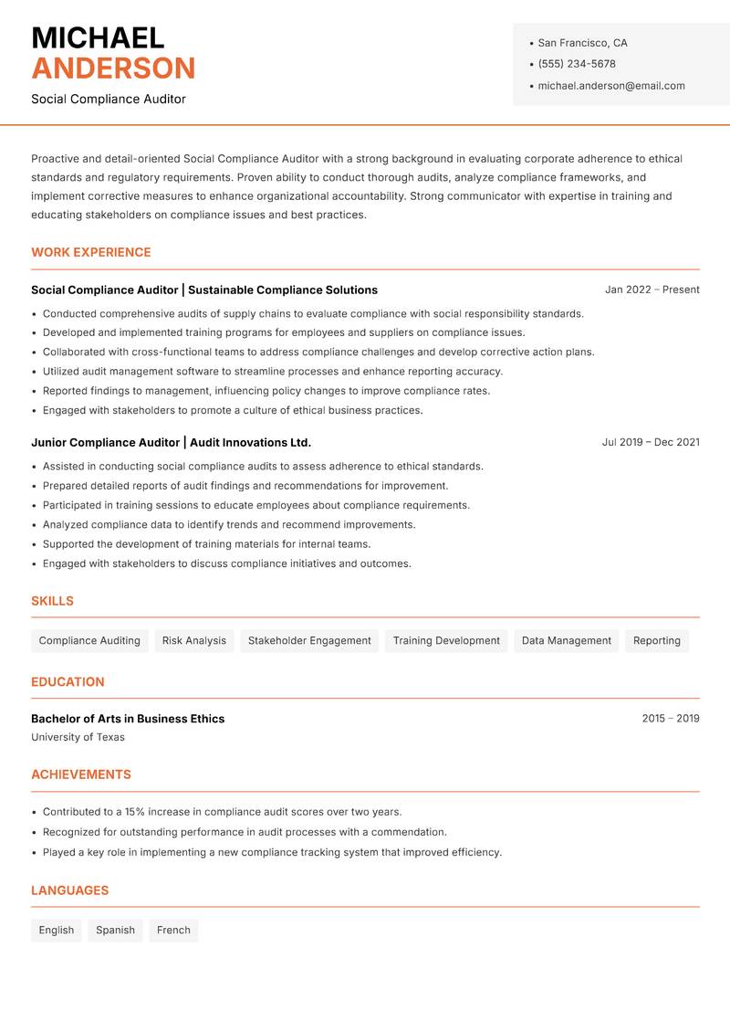 Social Compliance Auditor resume sample — Social Compliance Auditor focus