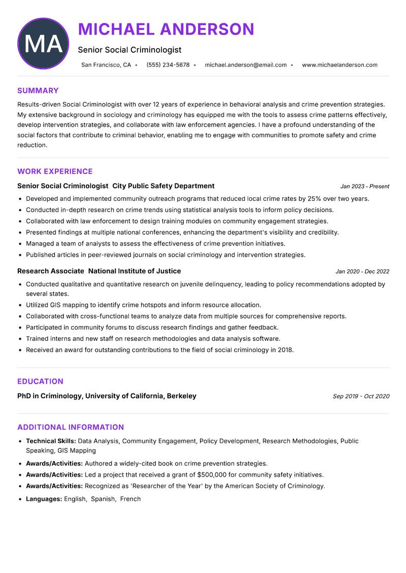 Social Criminologist resume example