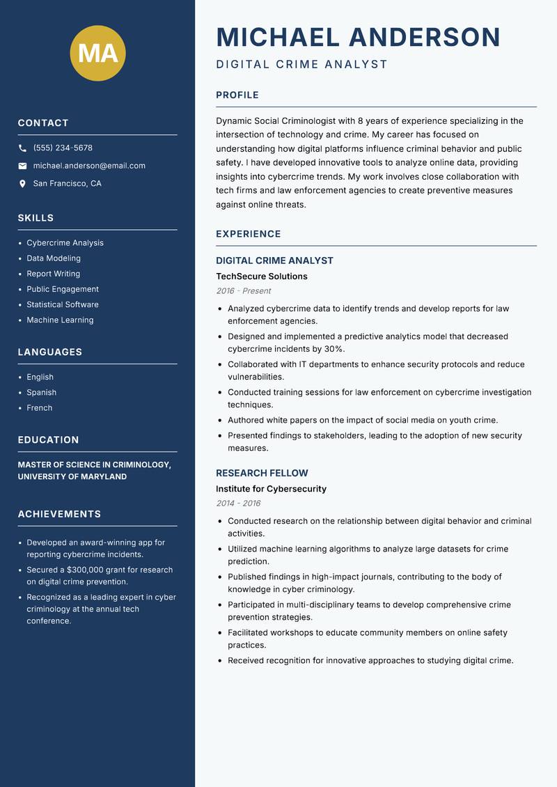 Social Criminologist resume sample — Digital Crime Analyst focus