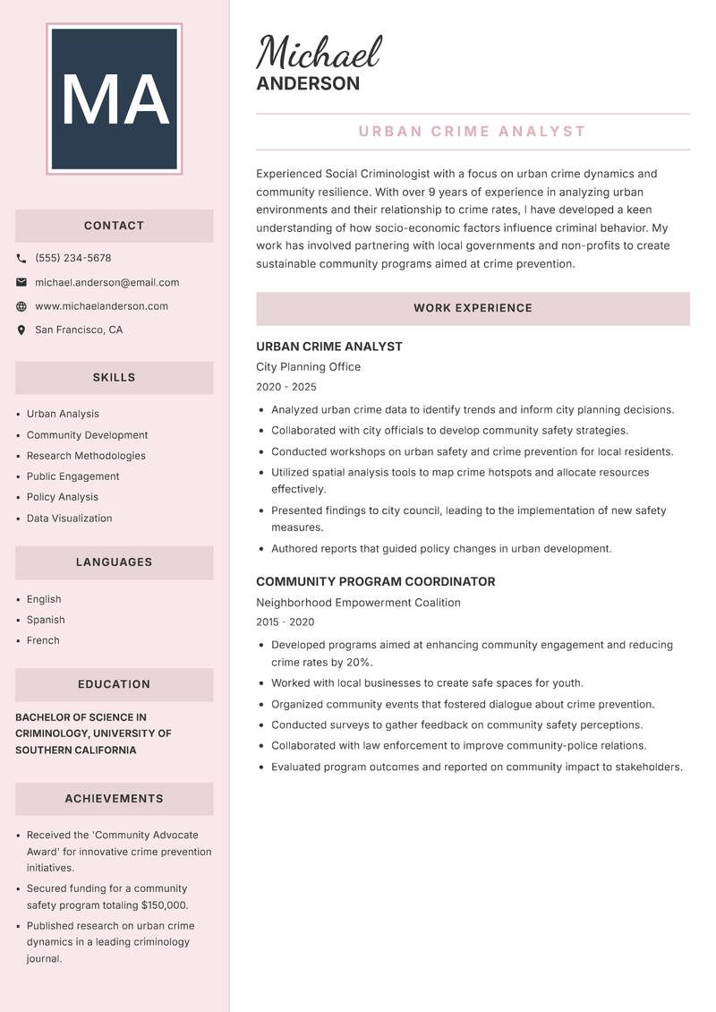 Social Criminologist resume sample — Urban Crime Analyst focus