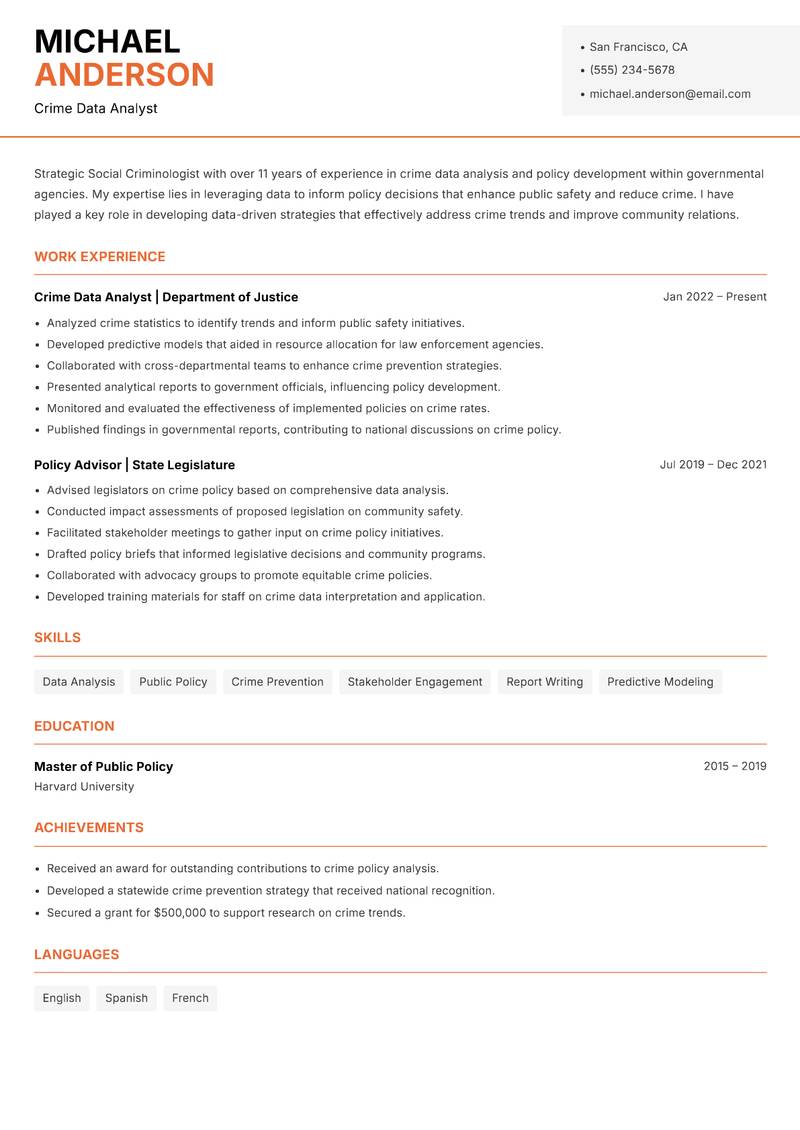 Social Criminologist resume sample — Crime Data Analyst focus
