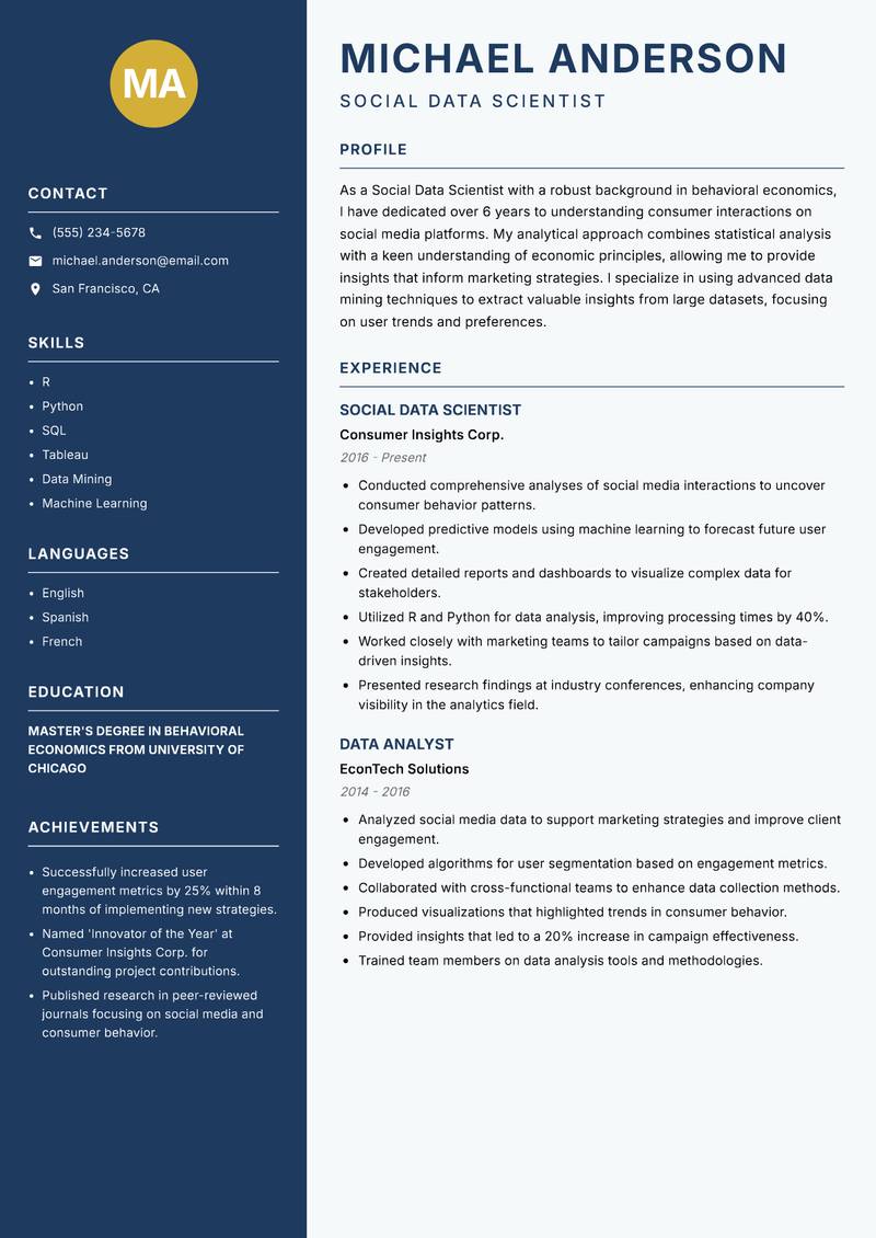Social Data Scientist resume sample — Social Data Scientist focus