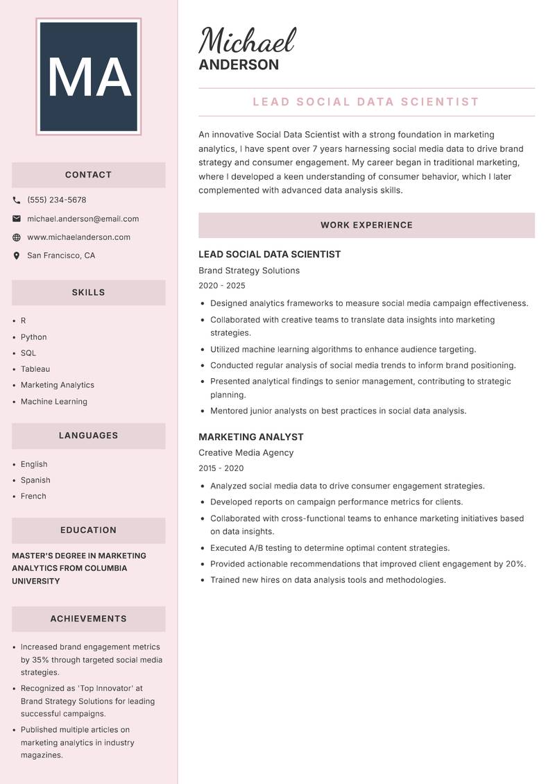 Social Data Scientist resume sample — Lead Social Data Scientist focus