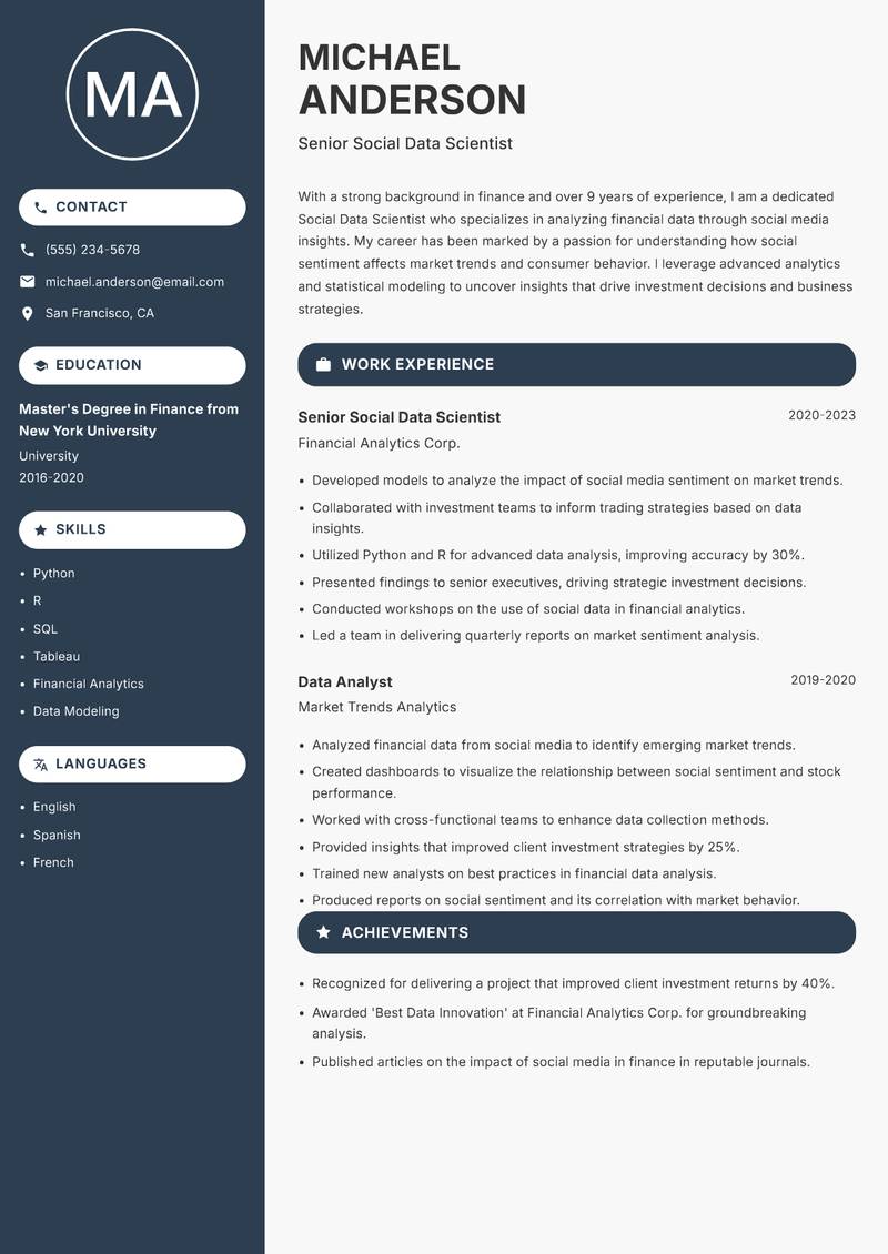 Social Data Scientist resume sample — Senior Social Data Scientist focus