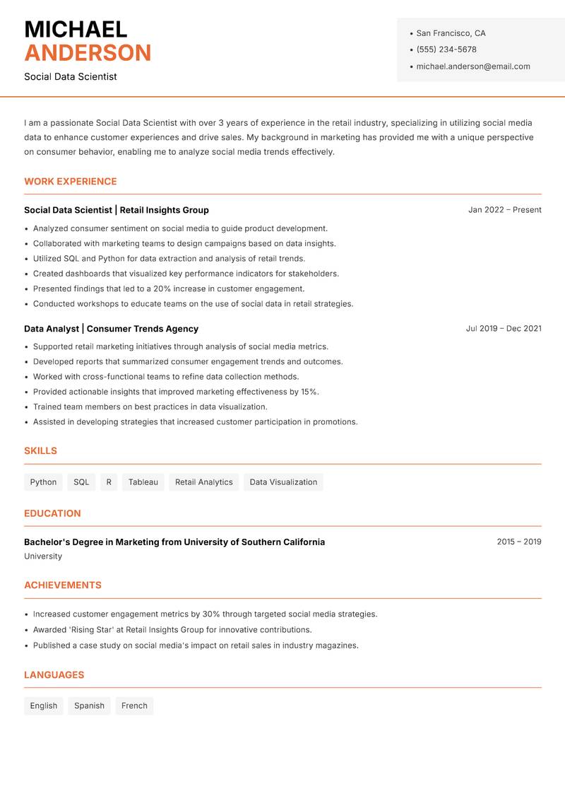 Social Data Scientist resume sample — Social Data Scientist focus