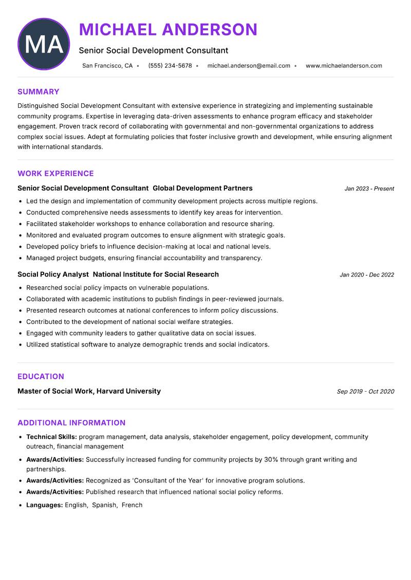 Social Development Consultant resume example