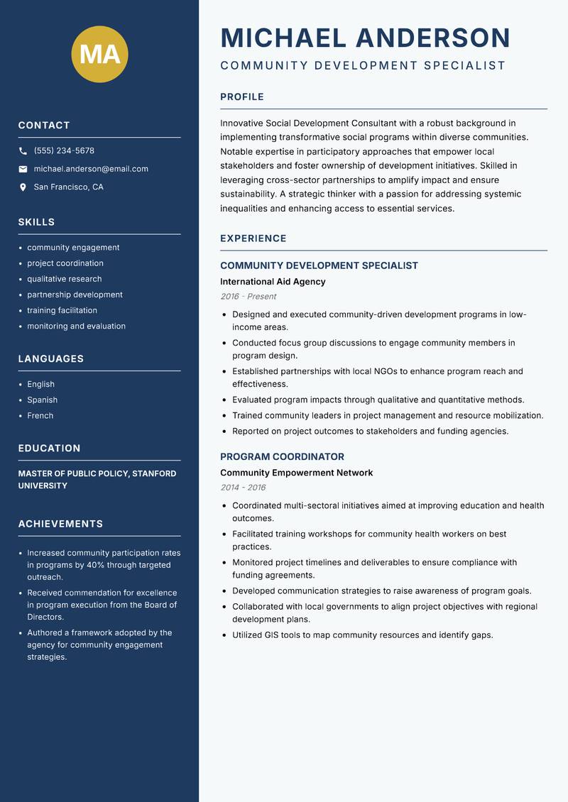 Social Development Consultant resume sample — Community Development Specialist focus