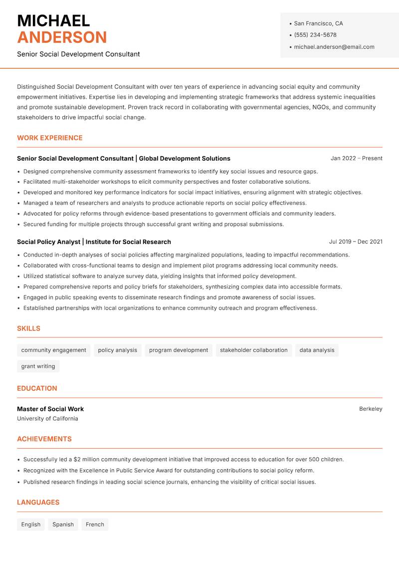 Social Development Consultant resume sample — Senior Social Development Consultant focus