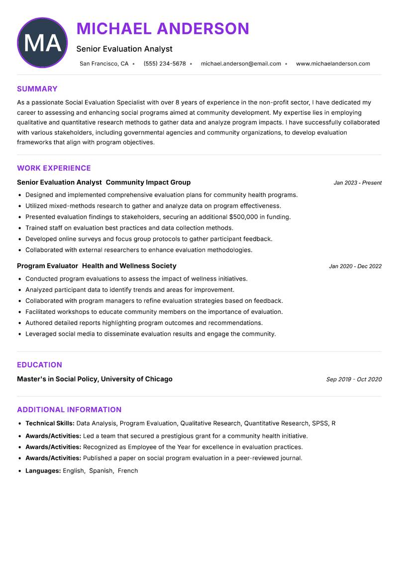 Social Evaluation Specialist resume example