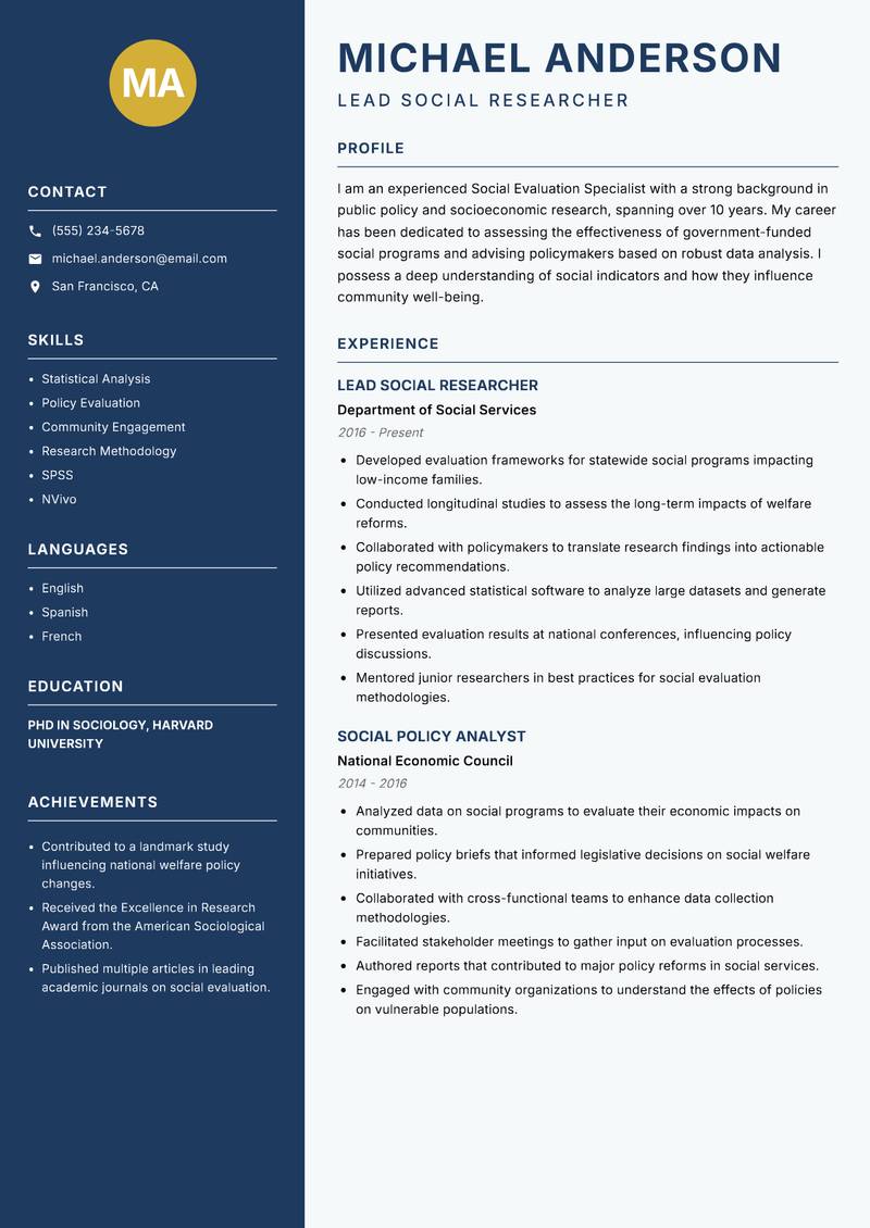 Social Evaluation Specialist resume sample — Lead Social Researcher focus