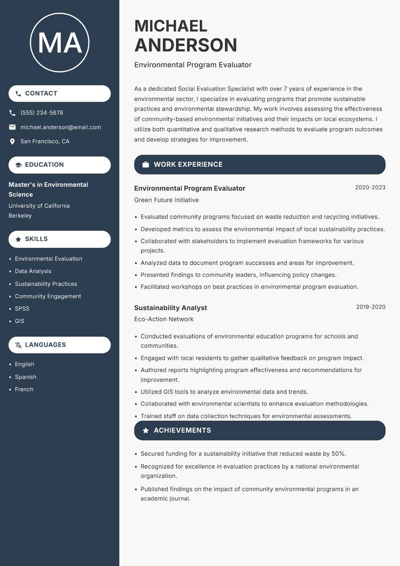 Social Evaluation Specialist resume sample — Environmental Program Evaluator focus