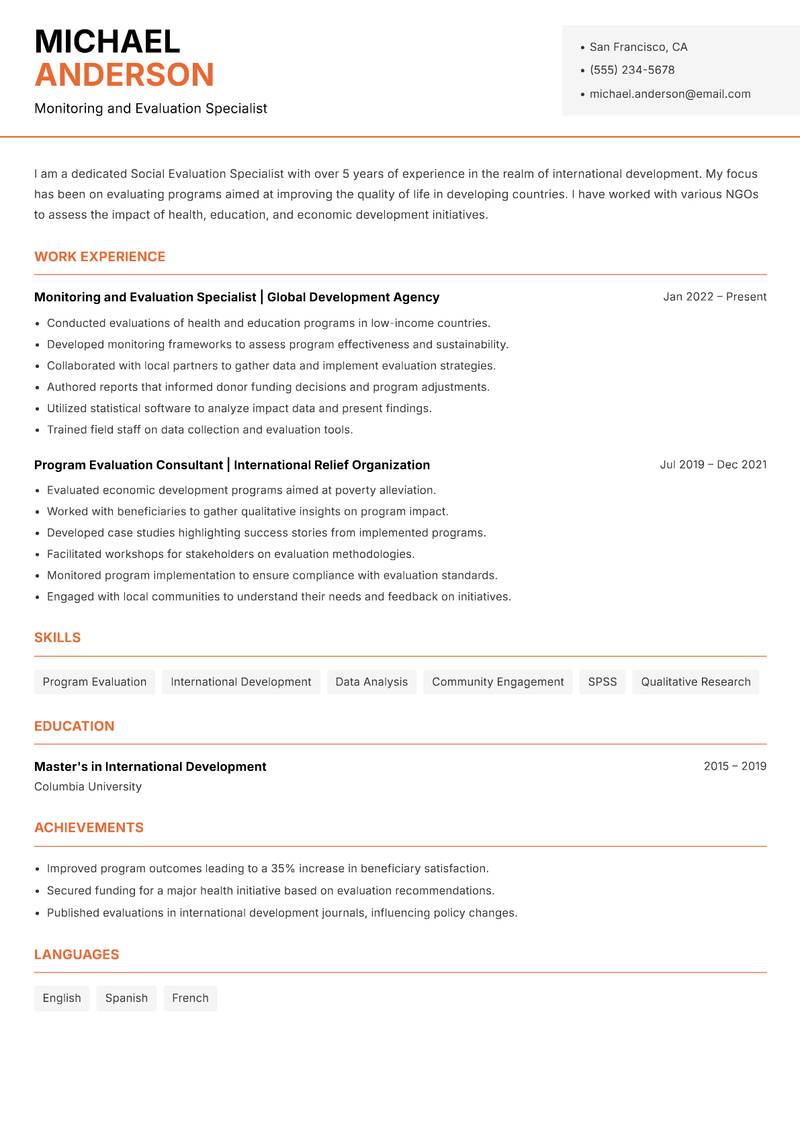 Social Evaluation Specialist resume sample — Monitoring and Evaluation Specialist focus