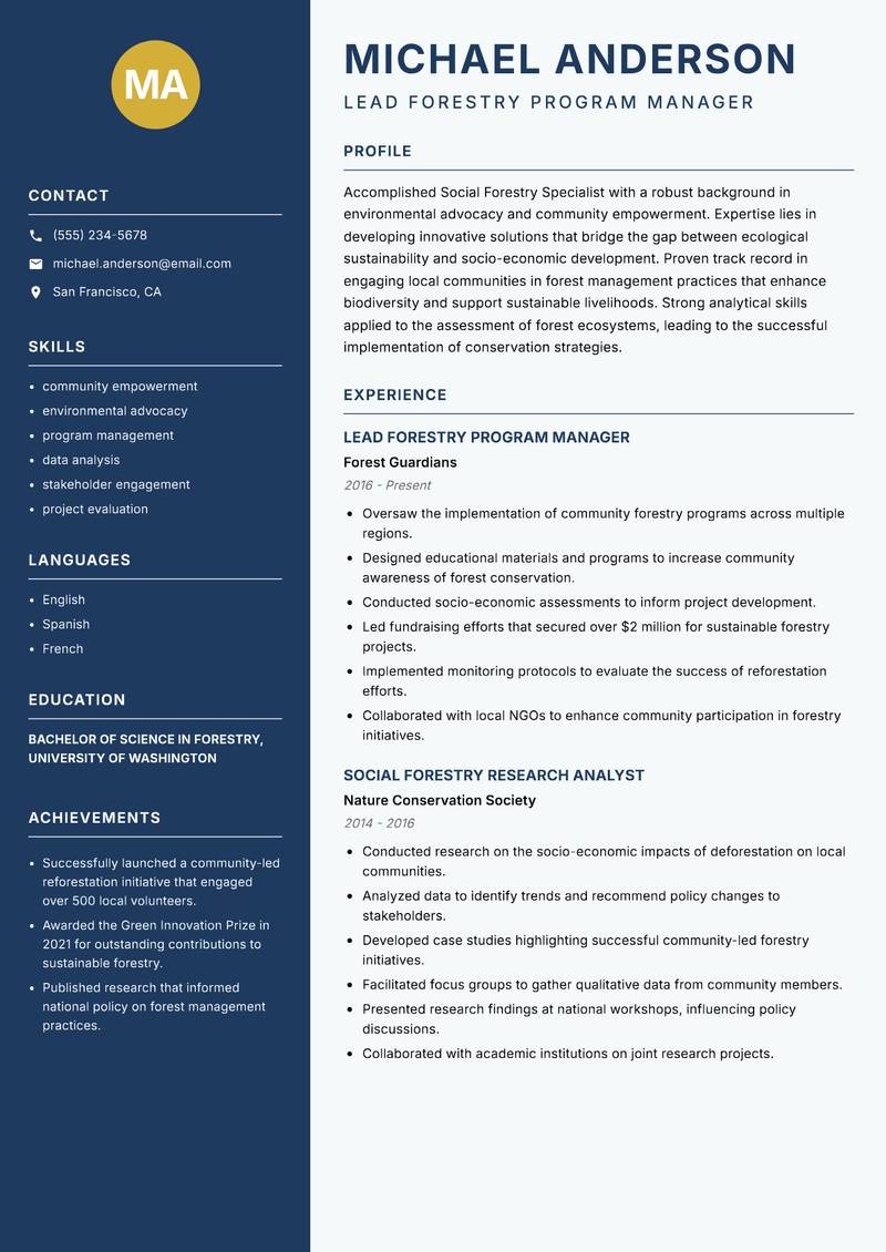Social Forestry Specialist resume sample — Lead Forestry Program Manager focus