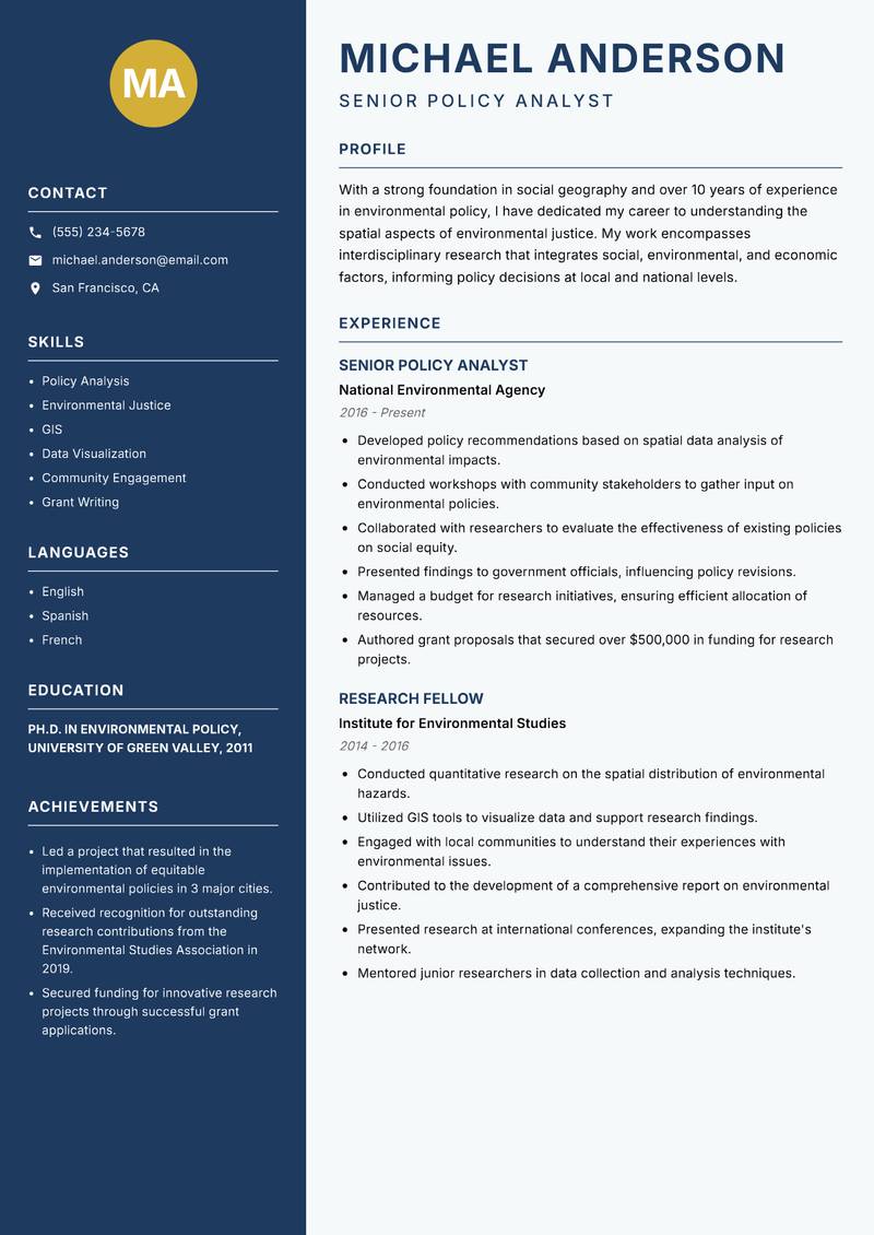 Social Geographer resume sample — Senior Policy Analyst focus
