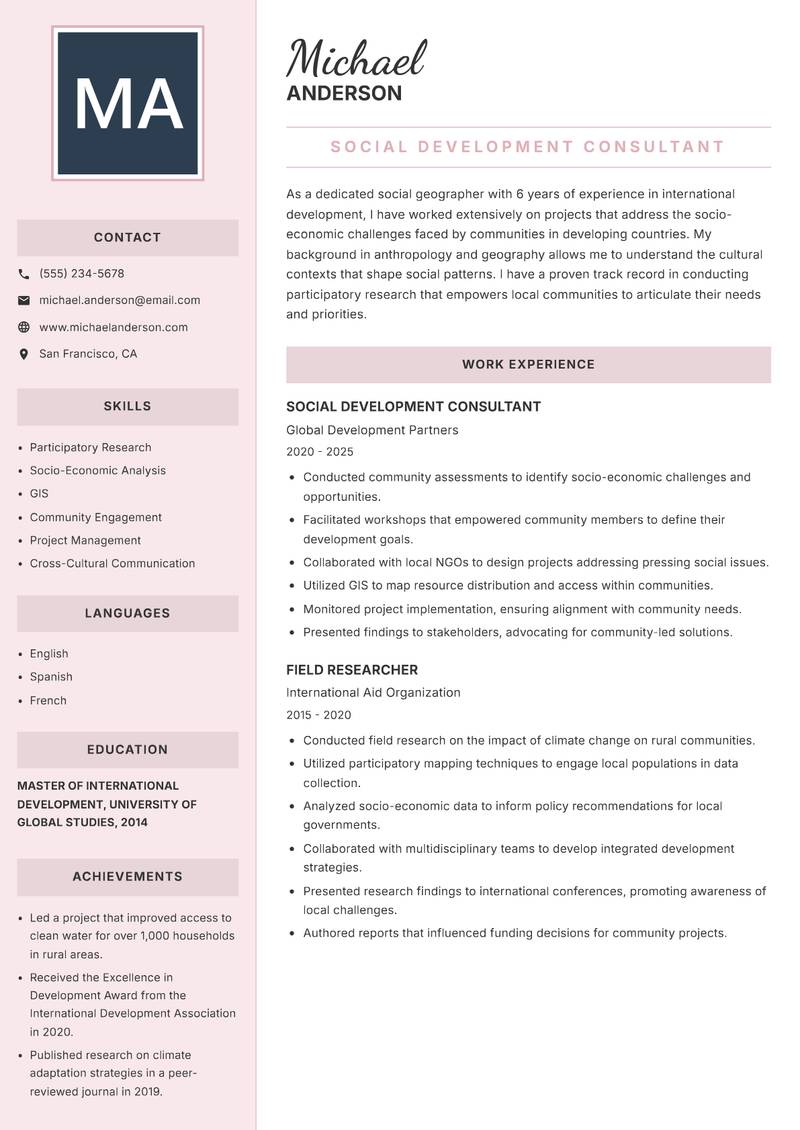 Social Geographer resume sample — Social Development Consultant focus