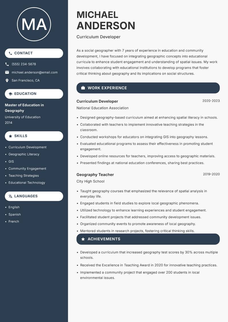 Social Geographer resume sample — Curriculum Developer focus