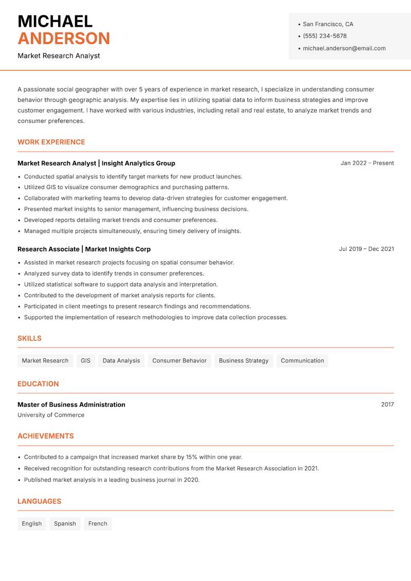 Social Geographer resume sample — Market Research Analyst focus