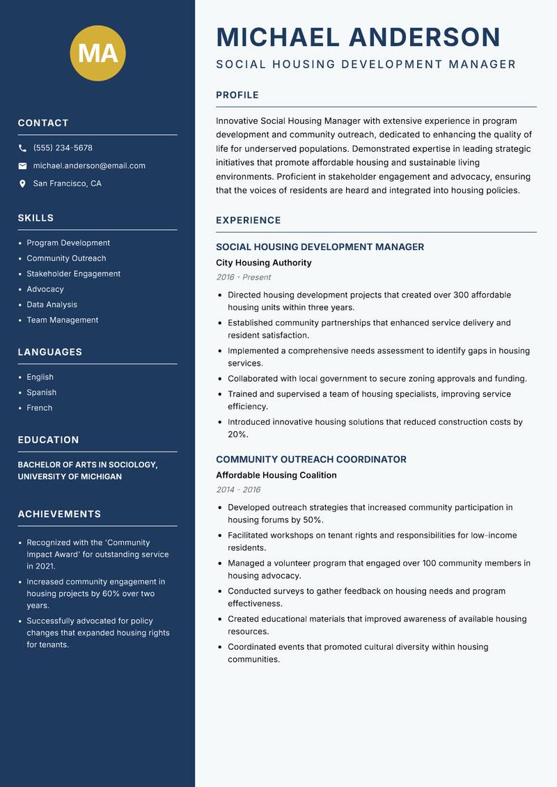 Social Housing Manager resume sample — Social Housing Development Manager focus