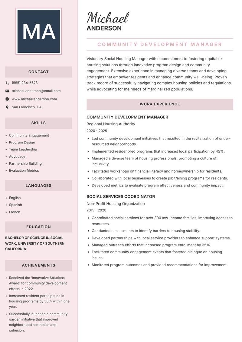 Social Housing Manager resume sample — Community Development Manager focus