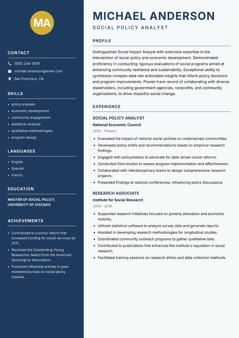 Social Impact Analyst resume sample — Social Policy Analyst focus