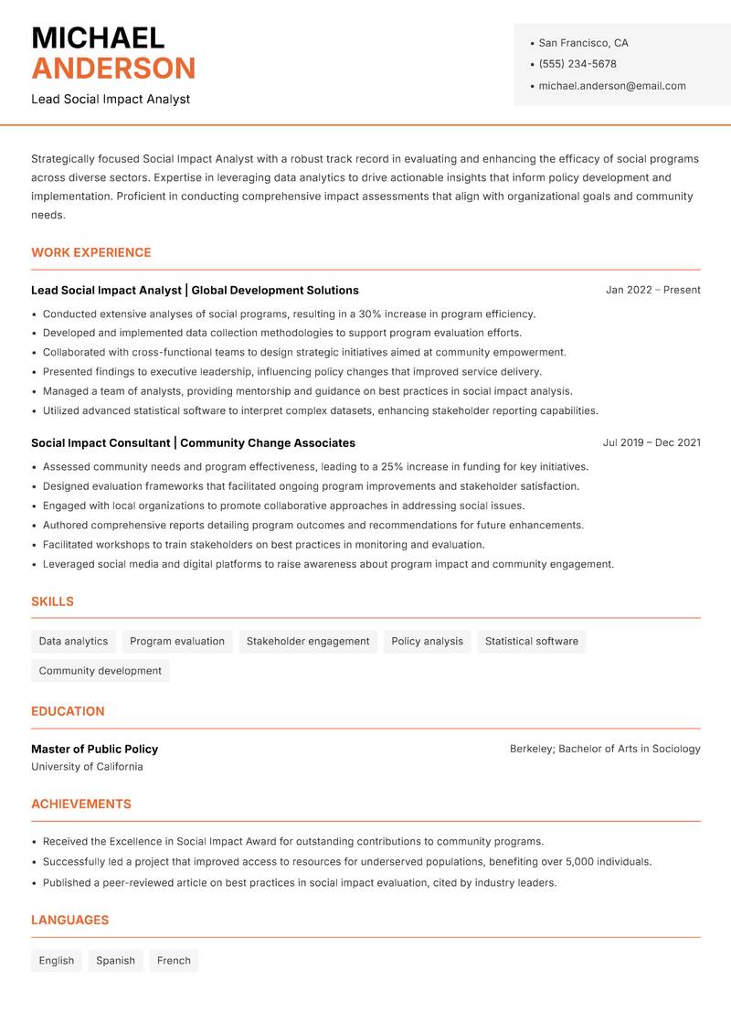Social Impact Analyst resume sample — Lead Social Impact Analyst focus