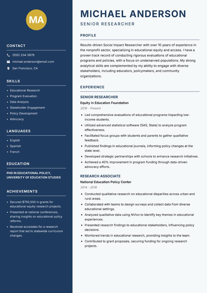 Social Impact Researcher resume sample — Senior Researcher focus