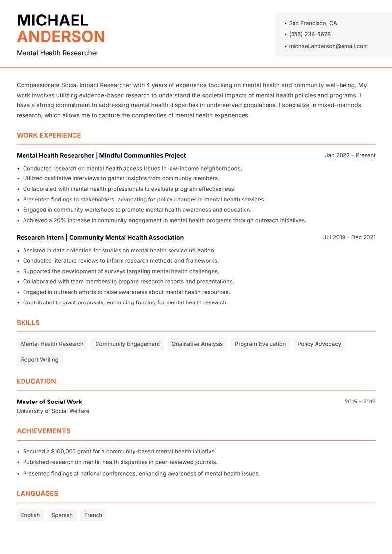 Social Impact Researcher resume sample — Mental Health Researcher focus