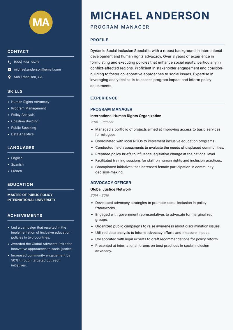 Social Inclusion Specialist resume sample — Program Manager focus