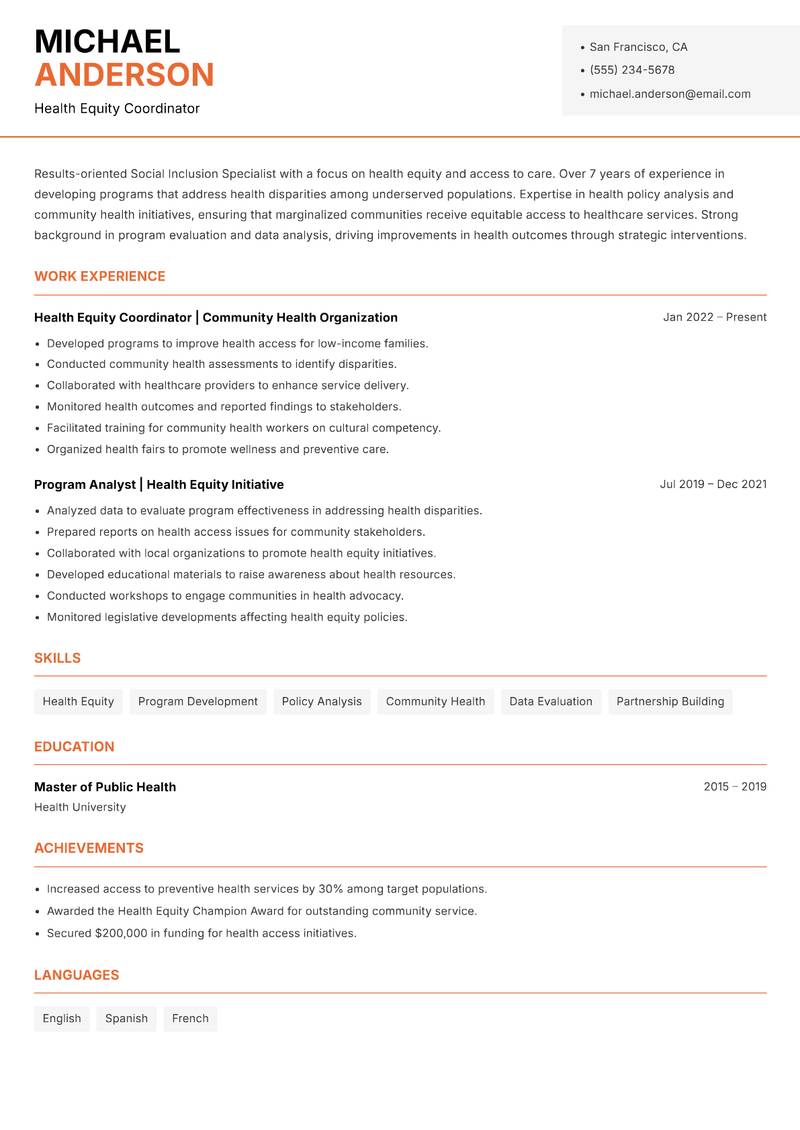 Social Inclusion Specialist resume sample — Health Equity Coordinator focus